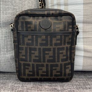 Fendi Black and Brown Small Monogram  Messenger Crossbody Bag W/ Unbranded Chain
